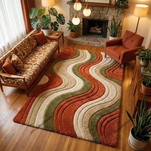 Handmade 3D Wavy Tufted Rug, Retro Mid Century Modern, Boho Earth Tone Decor