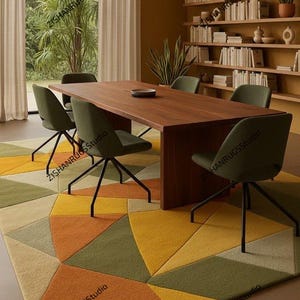 May include: A modern dining room featuring a large wooden table surrounded by six green chairs. A geometric rug in shades of yellow, orange, and green covers the floor. The room has a warm, inviting atmosphere with natural light.