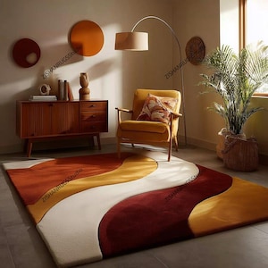 Mid Century Modern Wave Outdoor Rug, Retro Burnt Orange Mustard Cream Terracotta Patio Decor