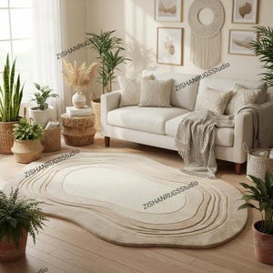 Handgetuft vloerkleed van wolmix – organische onregelmatige vorm, 3D-gesneden topografisch ontwerp