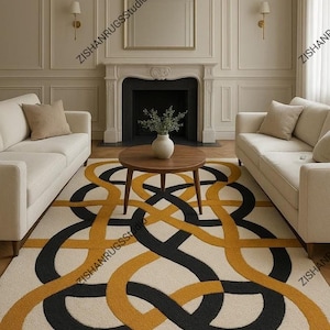 Handtuftad ullmatta – Ockra guld, svart geometrisk abstrakt matta