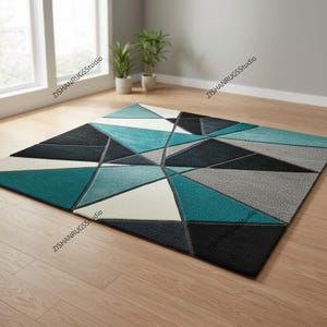 Modern Geometric Area Rug, Teal Black Grey Abstract Polygon Carpet