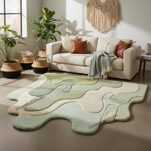 Hand-Tufted Wool Rug – Sage Green Abstract Wavy Modern Carpet