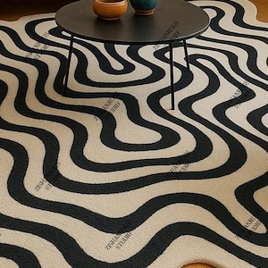 Handtuftad vågig ullmatta, abstrakt svartbeige matta