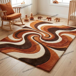 Mid-Century Modern Swirl Shag Rug – Earthy Burnt Orange & Chocolate Brown