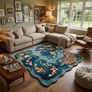 Può includere: Un tappeto turchese con un design a laghetto con pesci koi e una tigre. Il tappeto ha una forma unica ed è collocato in un soggiorno con un divano componibile beige, un tavolino in legno e opere d'arte incorniciate.