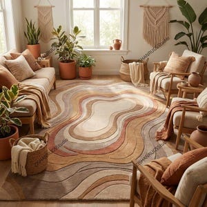 Abstract Wavy Tufted Rug, 3D Carved Earth Tone Area Carpet, Modern Organic Swirl