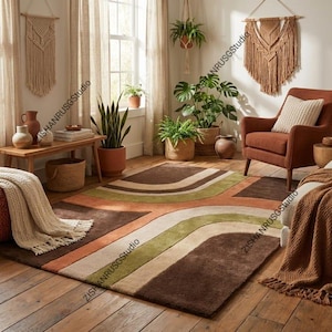 Dywan wełniany tkany ręcznie – abstrakcyjny dywan w stylu Mid Century Modern, dywan do salonu w odcieniach ziemi