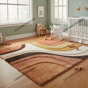 Groovy Wavy Tufted Rug, Retro Mid Century Modern Carpet, Boho Living Room Rug