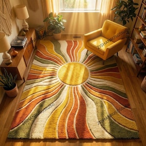 レトロなサンバースト柄のタフテッドラグ、ボヘミアン風マスタードセージグリーンのカーペット、70年代風の子供部屋・リビングルームの装飾