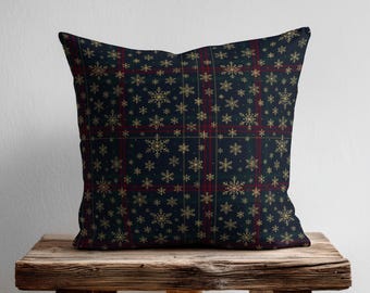 Navy Gold Christmas Pillow Cover – Plaid Cushion with Snowflake Pattern, Winter Decor, Handmade Tartan Throw Pillow, Cozy Holiday Accent
