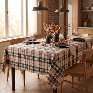 Black Beige Plaid Tablecloth – Modern Tartan Check Table Cover for Family Dinner, Weekend Brunch, Water Resistant Custom Size