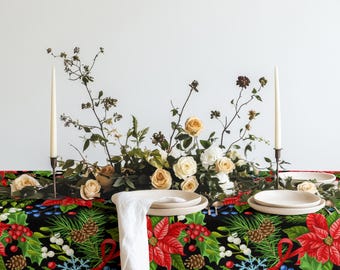 Christmas Poinsettia Tablecloth – Festive Holiday Table Cover with Pine & Holly Design, Handmade Dining Linen, Elegant Winter Home Decor