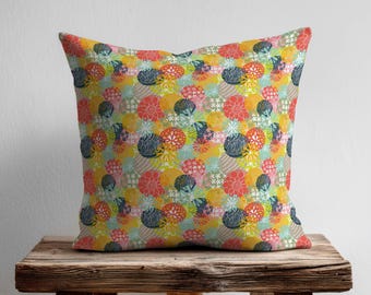Orange Yellow Red Floral Pillow Cover – Washable Polyester Cushion Case, Boho Decorative Throw Pillow for Sofa, Bed & Living Room