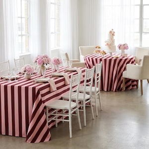 Blush Pink Burgundy Striped Tablecloth – Oversize Stripe Table Cover for Modern Dining, Stylish Kitchens, Everyday and Valentine's Day Decor