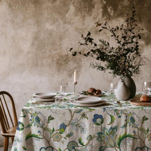 Jacobean Floral Vine Tablecloth in Cream, Green and Blue - Botanical Table Cover for Cottage Kitchens, Family Dining and Bistro Decor