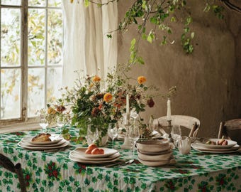 Christmas Green Holly Tablecloth – Festive Holiday Dining Table Cover, Rustic Winter Decor, Handmade Christmas Table Linen