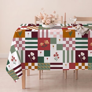 Cream Burgundy Floral Patchwork Tablecloth – Sage, Rust Retro Table Cover for Weekend Brunch, Tea Party, Everyday Dining, Custom Size