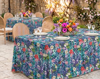 Türkis-lila Blumen-Tischdecke - Bunte botanische Esstisch-Abdeckung für Gartenparty & Frühlingsbrunch, individuelles rechteckiges Dekor