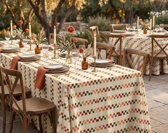 Boho Geometric Tablecloth – Colorful Tribal Stripe Dining Table Cover, Custom Linen for Picnic Party, Rustic Kitchen & Southwestern Decor
