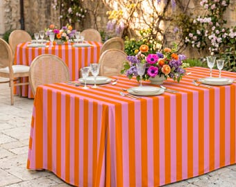 Orange Pink Stripe Tablecloth – Bold Modern Dining Table Cover, Colorful Kitchen Decor, Summer Party & Retro Table Style, Outdoor Tablecloth