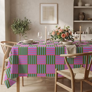 Mantel de retazos coloridos a rayas – Cubre mesa de comedor geométrico rosa, azul y verde, decoración de cocina moderna y ecléctica y estilo divertido para mesas de fiesta.