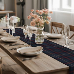 Navy and Burgundy Plaid Table Runner – Classic Tartan Table Linen, Rustic Farmhouse Dining Decor, Handmade Holiday Style