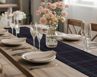 Navy and Burgundy Plaid Table Runner – Classic Tartan Table Linen, Rustic Farmhouse Dining Decor, Handmade Holiday Style