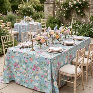 Blå blommig bordsduk – Matbordsduk i vintagestil med trädgårdsblommor, vårbrunchdekor, romantiskt kök och utomhusfeststil
