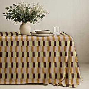Nappe géométrique marron olive moutarde avec motif à rayures - Nappe rétro moderne pour salle à manger, style automnal et décoration d'intérieur