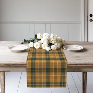 Mustard Plaid Table Runner, Rustic Fall Table Decor for Dining Table, Green Yellow Checkered Cotton Runner for Kitchen