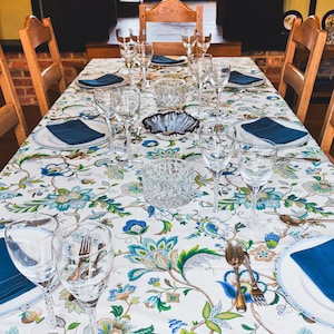 Blue and Green Floral Tablecloth – Botanical Pattern Table Cover, Farmhouse Dining Decor, Spring Table Linen, Handmade Vintage Style