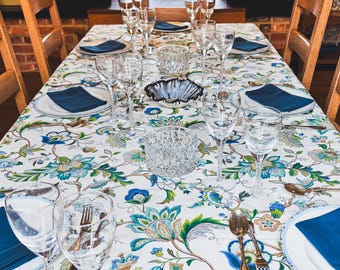 Blue and Green Floral Tablecloth – Botanical Pattern Table Cover, Farmhouse Dining Decor, Spring Table Linen, Handmade Vintage Style