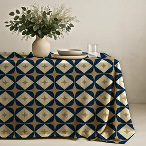Navy Blue Geometric Tablecloth with Beige Tile Pattern – Modern Classic Table Cover for Dining Rooms, Stylish Homes and Everyday Decor