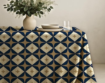 Navy Blue Geometric Tablecloth with Beige Tile Pattern – Modern Classic Table Cover for Dining Rooms, Stylish Homes and Everyday Decor