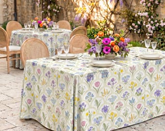 Pastelowy kwiatowy obrus ogrodowy – vintage'owy botaniczny pokrowiec na stół jadalny, wystrój kuchni Cottagecore, elegancki wiosenny wzór kwiatowy