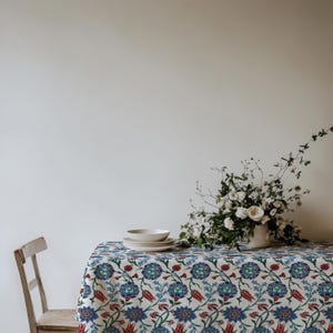 Iznik Floral Turkish Tablecloth in Red, Blue & Green – Handmade Ottoman Pattern Dining Cover, Mediterranean Boho Home Decor