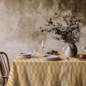 Mantel a cuadros amarillo – Mantel de cuadros moderno y brillante para comidas de primavera y verano, decoración de cocina fresca y soleada y entretenimiento al aire libre