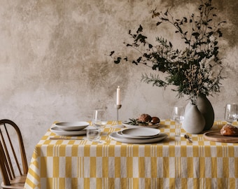 Yellow Checkered Tablecloth – Bright Modern Plaid Table Cover for Spring Summer Dining, Sunny Fresh Kitchen Decor & Outdoor Entertaining