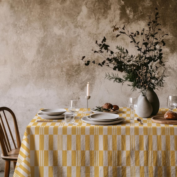 Yellow Checkered Tablecloth – Bright Modern Plaid Table Cover for Spring Summer Dining, Sunny Fresh Kitchen Decor & Outdoor Entertaining