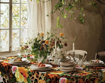 Leopard Floral Tablecloth – Bold Animal Print Table Cover, Vibrant Botanical Dining Decor, Handmade Jungle Chic Table Linen, Farmhouse Style