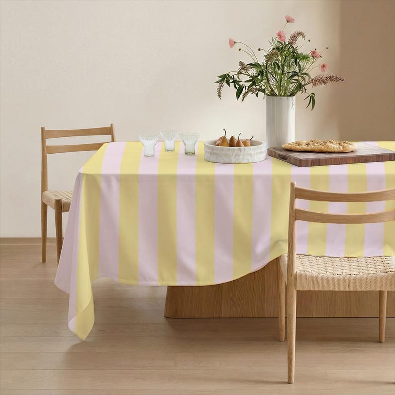 Blush Pink Butter Yellow Striped Tablecloth – Soft Pastel Dining Table ...