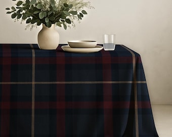 Navy and Burgundy Plaid Tablecloth – Ralph Lauren Classic Tartan Table Cover, Dining Decor, Cozy Cabin Table Linen, Handmade Holiday Style