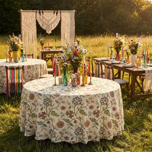 Colorful Jacobean Floral Tablecloth – Spring Tablecloth, Teal Coral Pink Crewel Style, Boho Dining Decor, Minimalist Modern Table Cover
