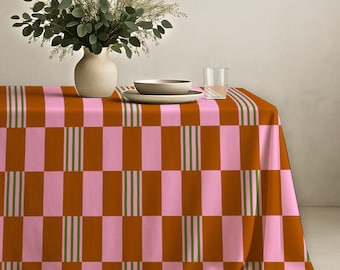 Rosa Braun Blockstreifen Tischdecke - Retro Geometrische Esstisch Abdeckung, Moderne Küchen Dekor, Bold Pattern Party Table Style Handmade Tuch