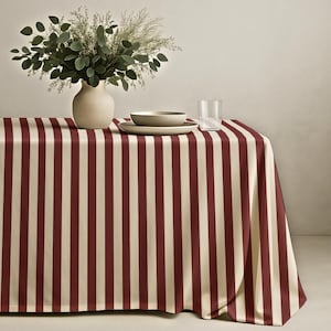 Burgundy Cream Striped Tablecloth with Vertical Pattern – Elegant Table Cover for Dining Rooms, Dinner Parties, Brunch and Home Decor