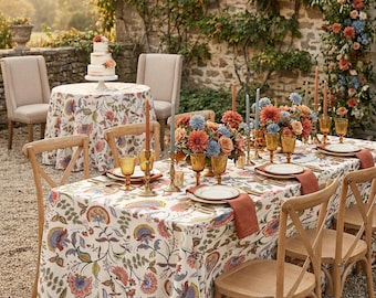Cream Rust Blue Floral Tablecloth – Bohemian Folk Botanical Table Cover, Olive Green Dining Linen for Kitchen & Brunch Table