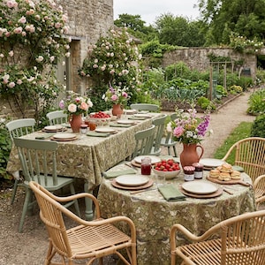 Può includere: Un'area pranzo all'aperto con due tavoli coperti da tovaglie a motivi verdi, circondati da sedie in legno verde chiaro e sedie in rattan naturale, apparecchiati con piatti bianchi, tovaglioli, composizioni floreali e ciotole di fragole.