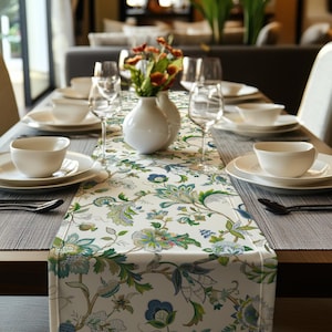 Blue Green Floral Table Runner – Elegant Botanical Dining Decor, Handmade Linen-Textured Table, Farmhouse Style Table Runner for Everyday