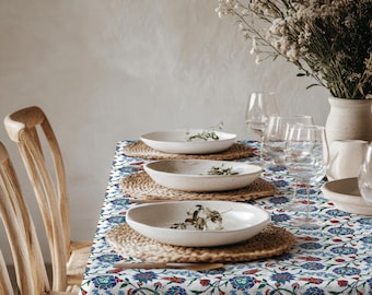 Ornate Teal Blue and Red Folk Floral Tablecloth - Colorful Botanical Table Cover, Boho Dining Linen for Kitchen, Everyday Dining